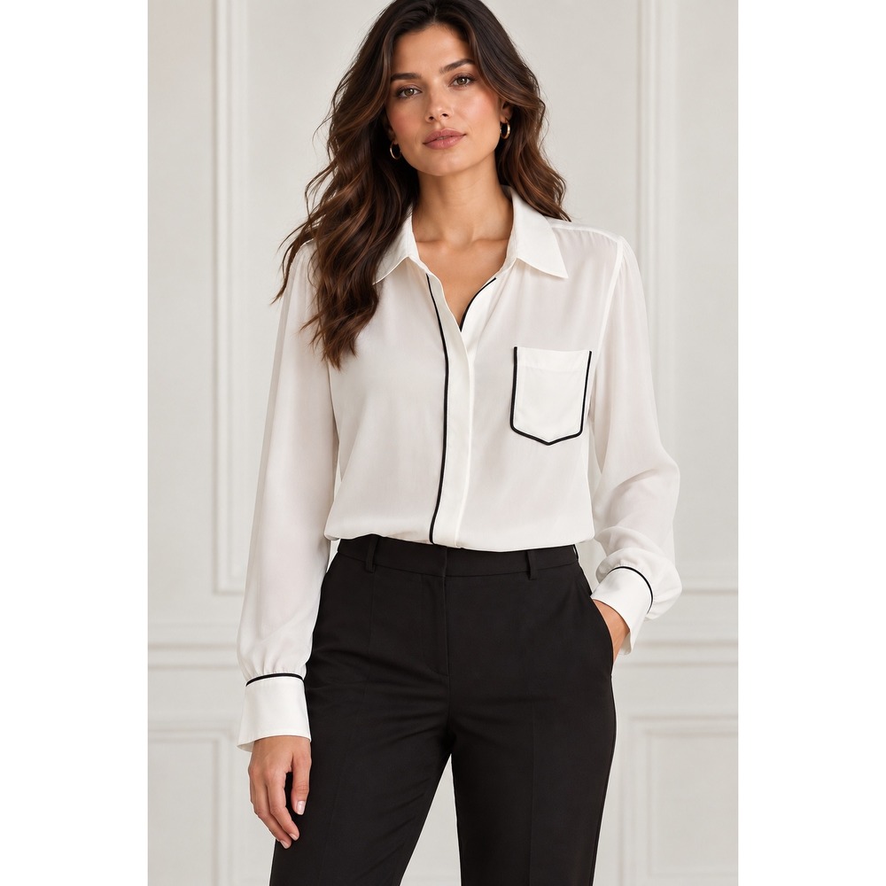 Reiss Gina Ivory White Contrast Piping Button Down Blouse Top USA 8 UK 12